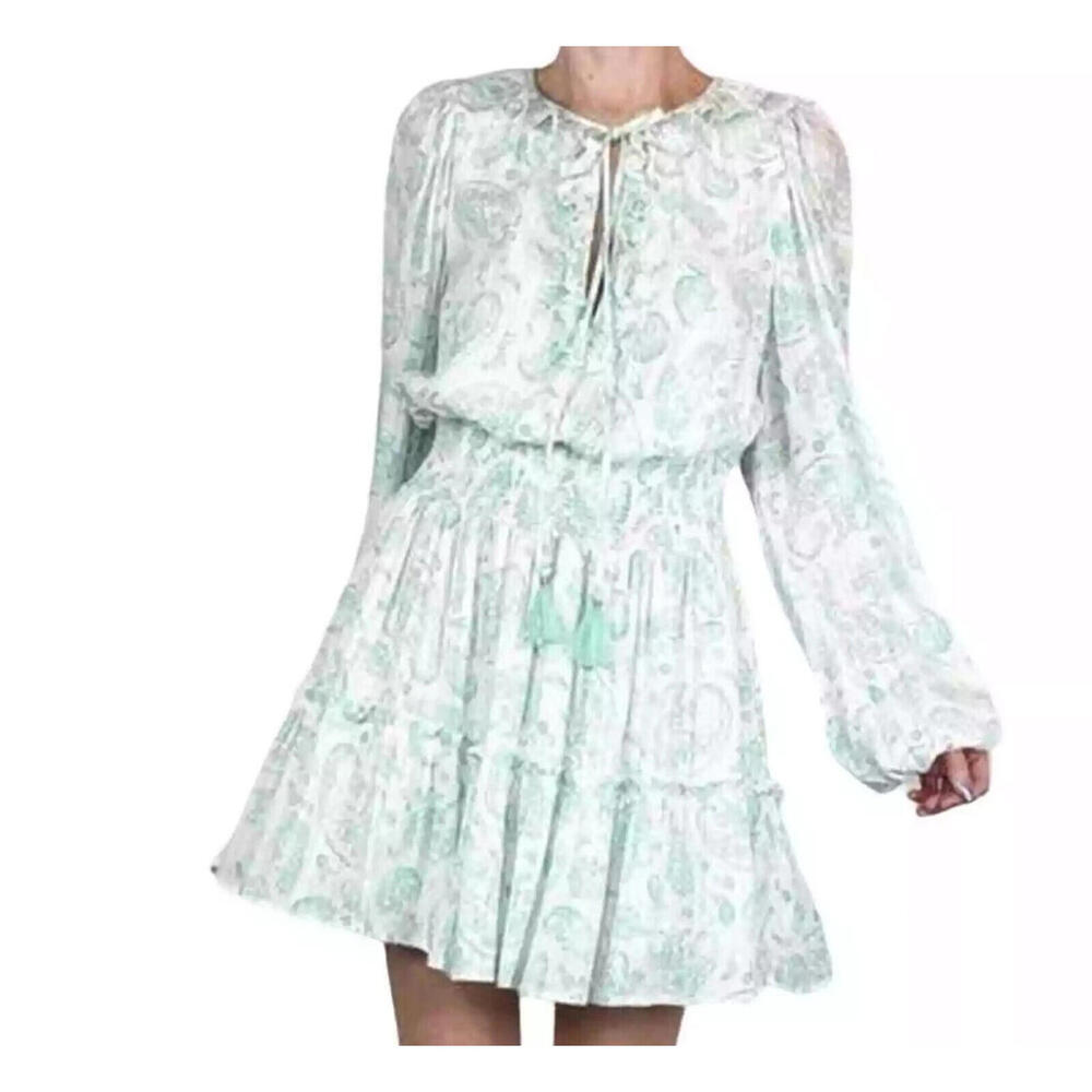 House of Harlow 1960 Paisley Long Sleeve Ruffle Smocked Mini Dress Mint Green S - Picture 1 of 9